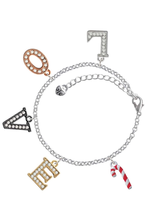 Silvertone 3-D Red Enamel Candy Cane Multi-Colored Crystal Love Charm Bracelet