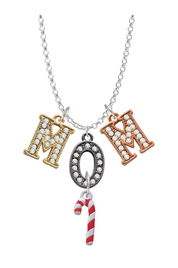 Silvertone 3-D Red Enamel Candy Cane Multi-Colored Crystal Mom Charm Necklace