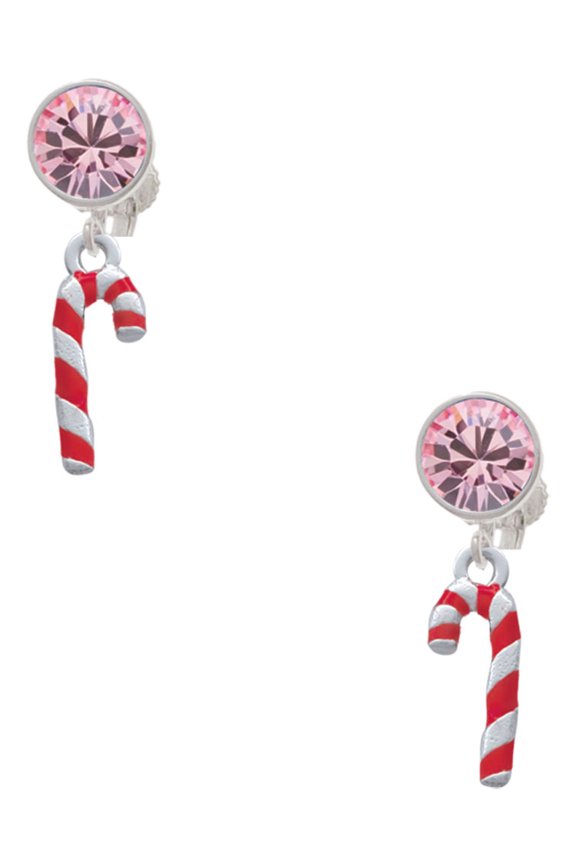 Silvertone 3-D Red Enamel Candy Cane Pink Crystal Clip on Earrings