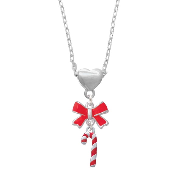 Delight Jewelry Silvertone 3-D Red Enamel Candy Cane Red Bow Heart Necklace