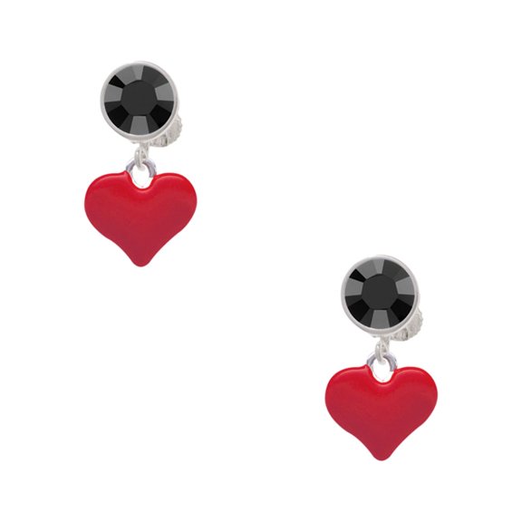 Delight Jewelry Silvertone 3-D Red Puffy Heart Black Crystal Clip on Earrings