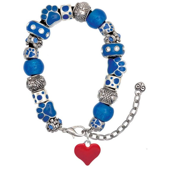 Delight Jewelry Silvertone 3-D Red Puffy Heart Blue Paw Print Bead Bracelet, 7"+2"