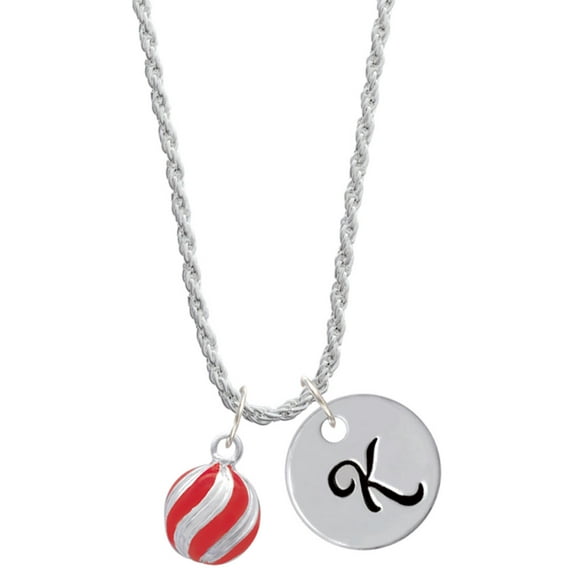 Delight Jewelry Silvertone 3-D Red Striped Christmas Ornament Silvertone Script Initial Disc - K - Charm Necklace, 20"+3"