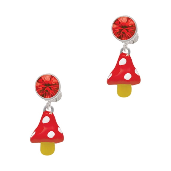 Delight Jewelry Silvertone 3-D Red and White Mushroom Red Crystal Clip on Earrings