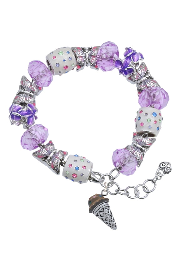Silvertone 3-D Resin Chocolate Ice Cream Cone with Crystals Purple Butterfly Bead Charm Bracelet, 7"+1" Extender