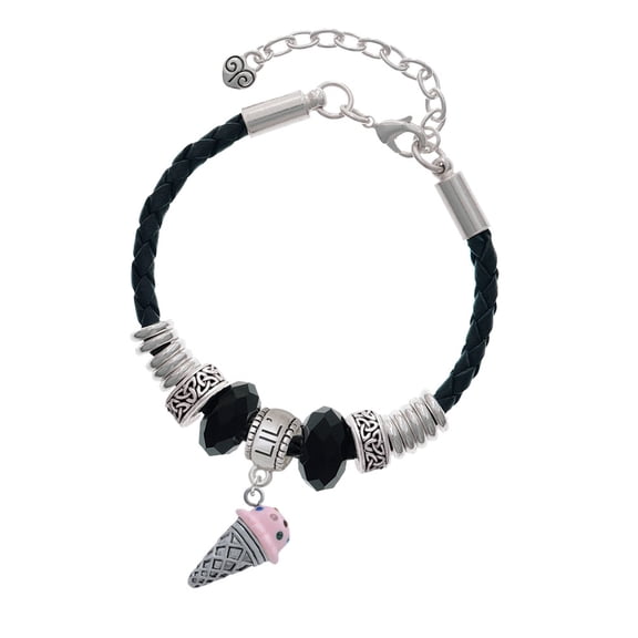 Delight Jewelry Silvertone 3-D Resin Strawberry Ice Cream Cone with Crystals Big Sister Celtic Knot Leather Bead Bracelet, 7"+2" Extender