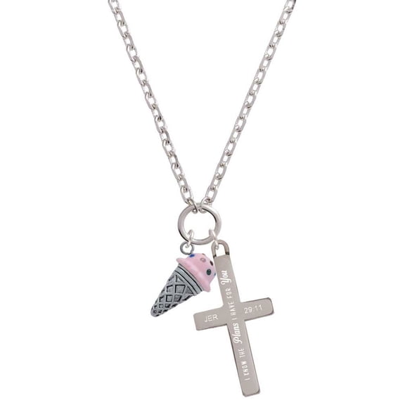 Delight Jewelry Silvertone 3-D Resin Strawberry Ice Cream Cone with Crystals I Have Plans for You Engraved Cross Zoey Necklace, 28"