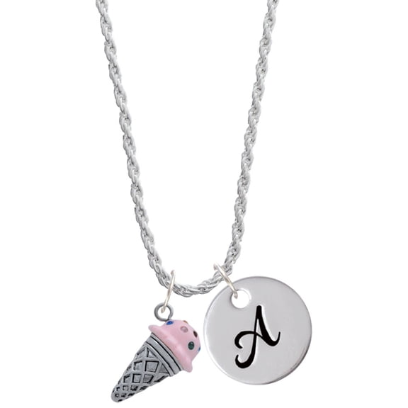 Delight Jewelry Silvertone 3-D Resin Strawberry Ice Cream Cone with Crystals Silvertone Script Initial Disc - A - Charm Necklace, 20"+3"