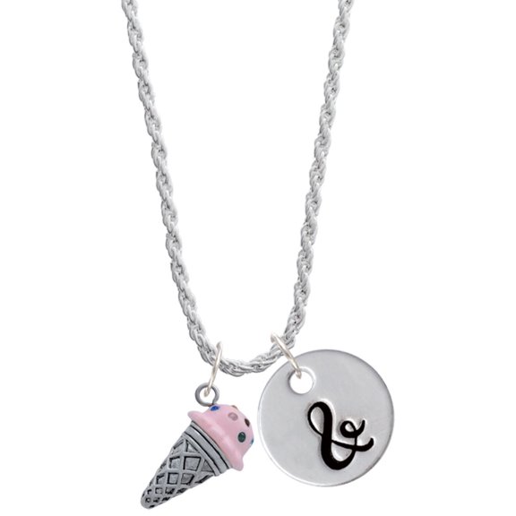 Delight Jewelry Silvertone 3-D Resin Strawberry Ice Cream Cone with Crystals Silvertone Script Initial Disc - & - Charm Necklace, 20"+3"