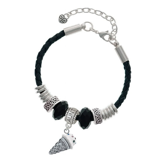 Delight Jewelry Silvertone 3-D Resin Vanilla Ice Cream Cone with Crystals Aunt Celtic Knot Leather Bead Bracelet, 7"+2" Extender