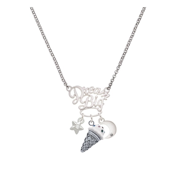 Delight Jewelry Silvertone 3-D Resin Vanilla Ice Cream Cone with Crystals Silvertone Dream Big Pendant Necklace, 25"