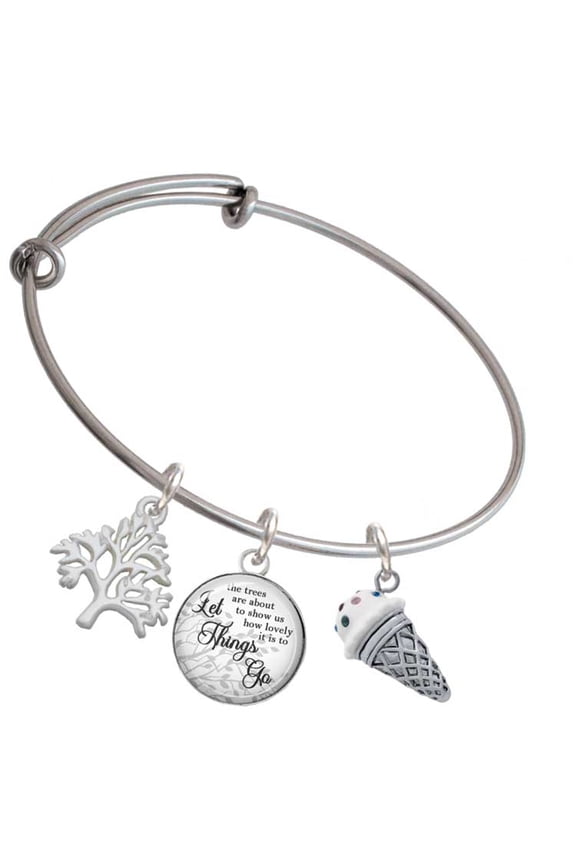 Silvertone 3-D Resin Vanilla Ice Cream Cone with Crystals Silvertone Let Things Go Tree Charm Bangle Bracelet
