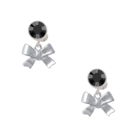 Delight Jewelry Silvertone 3-D Textured Bow Black Crystal Clip on Earrings