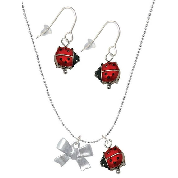 Delight Jewelry Silvertone 3-D Textured Bow Red Lucky Ladybug Necklace and Dangle Earrings Set
