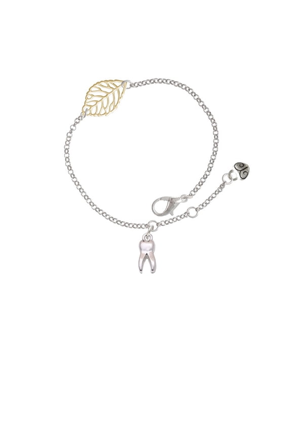 Silvertone 3-D Tooth - - Goldtone Leaf Delicate Bracelet, 6.25+1.75"