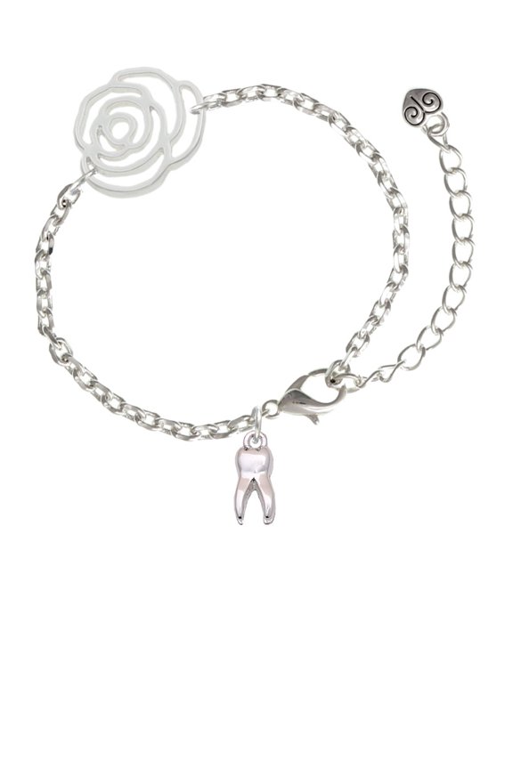 Silvertone 3-D Tooth - Silver-tone Flower Link Chain Bracelet, 6.75"+2" Extender