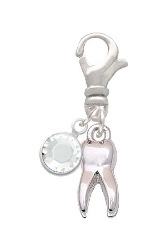 Silvertone 3-D Tooth - - Silvertone Clip on Charm with Clear Crystal Drop