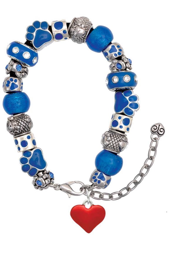 Silvertone 3-D Translucent Red Puff Heart Blue Paw Print Bead Bracelet, 7"+2"