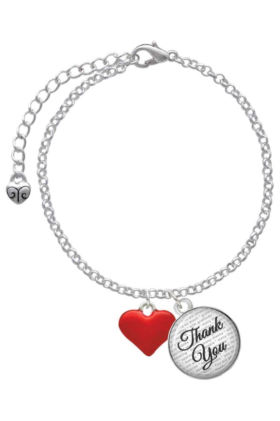 Silvertone 3-D Translucent Red Puff Heart - Domed Thank You Charm Bracelet, 6"+2"