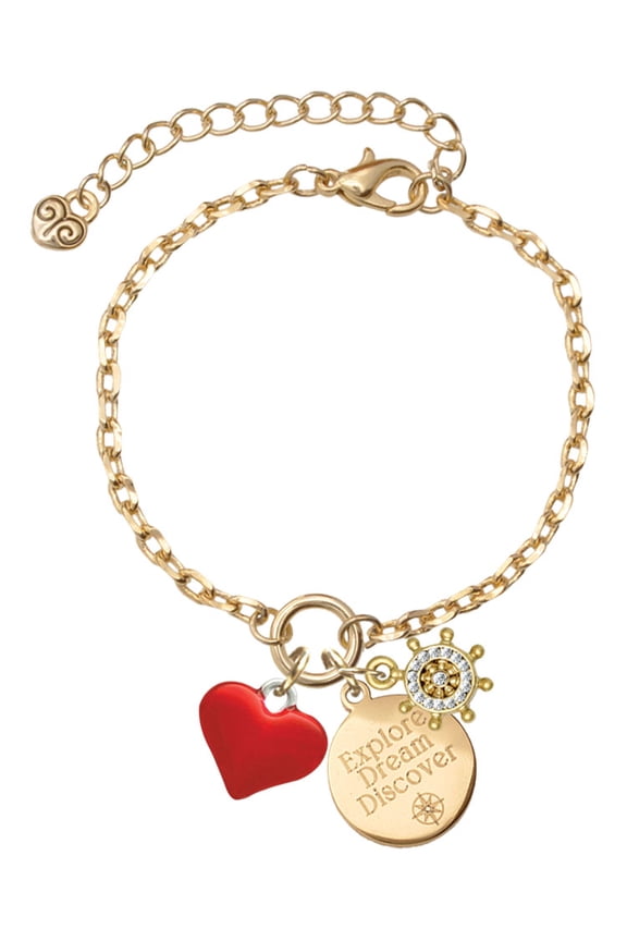 Silvertone 3-D Translucent Red Puff Heart Goldtone Discover Dream Explore Zoey Charm Bracelet, 6.5+2" Extender