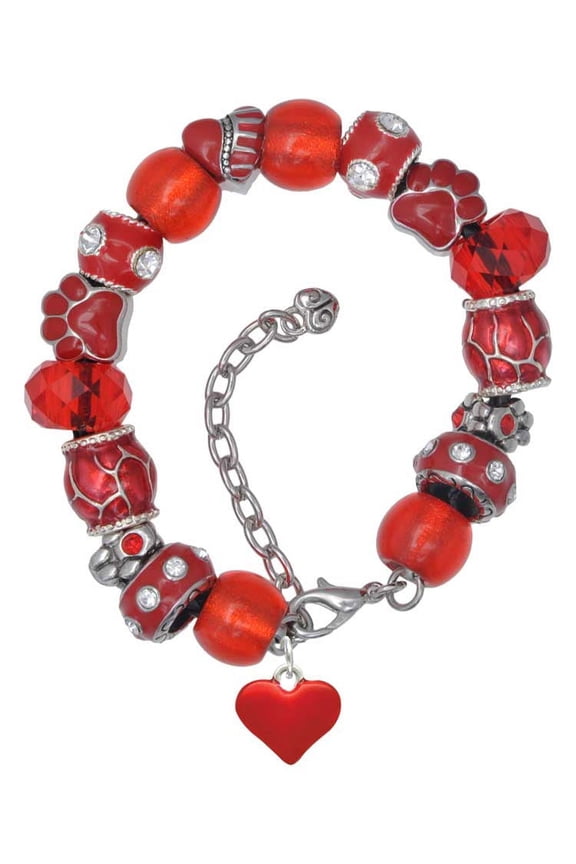 Silvertone 3-D Translucent Red Puff Heart Red Paw Print Bead Bracelet, 7"+2"