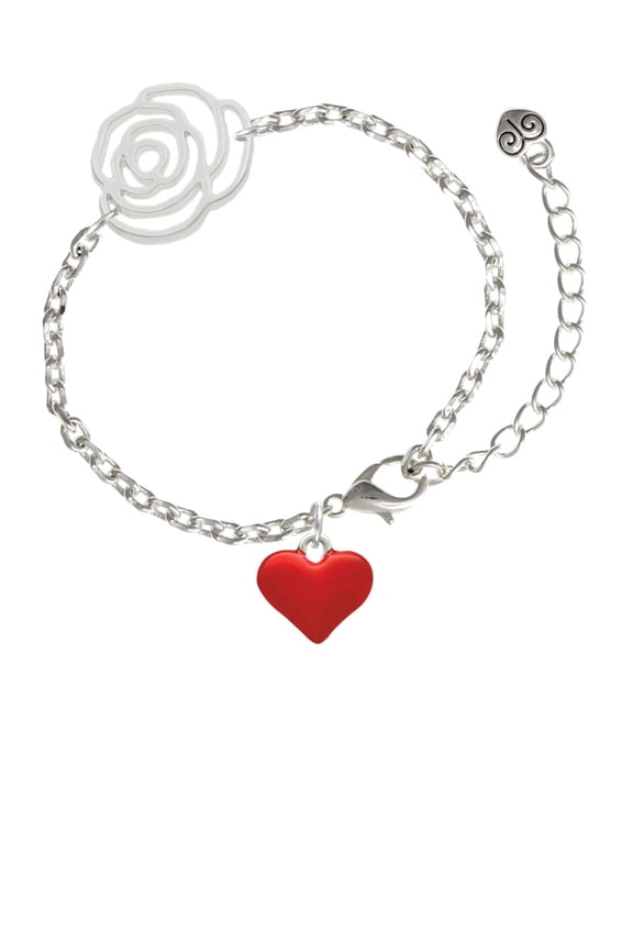 Silvertone 3-D Translucent Red Puff Heart Silver-tone Flower Link Chain Bracelet, 6.75"+2" Extender