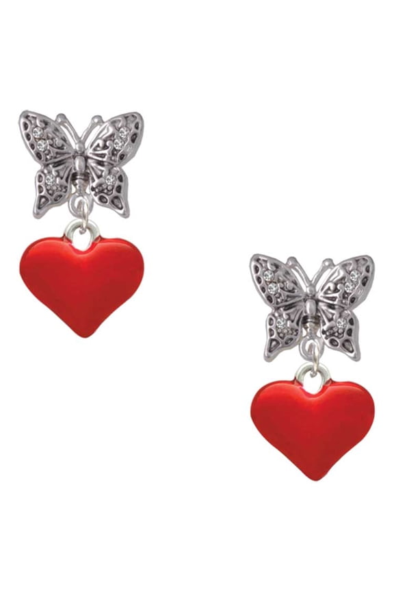 Silvertone 3-D Translucent Red Puff Heart Silvertone Antiqued Butterfly Post Earrings
