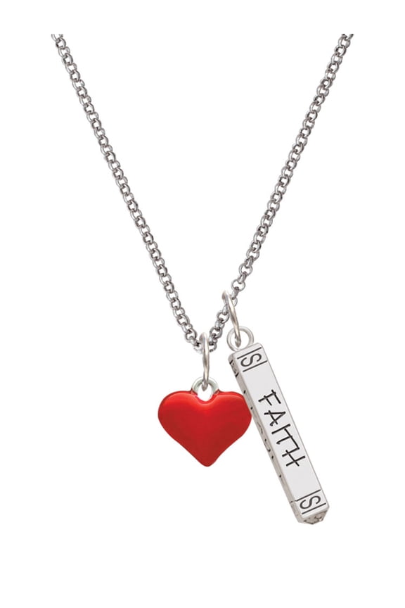 Silvertone 3-D Translucent Red Puff Heart Silvertone Believe Faith Prayer Hope Bar Charm Necklace, 23"
