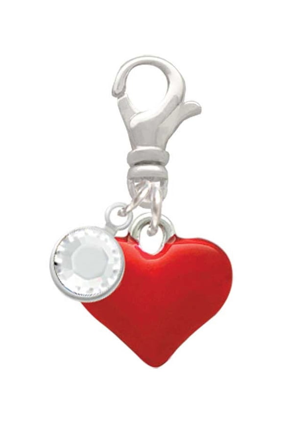 Silvertone 3-D Translucent Red Puff Heart - Silvertone Clip on Charm with Clear Crystal Drop