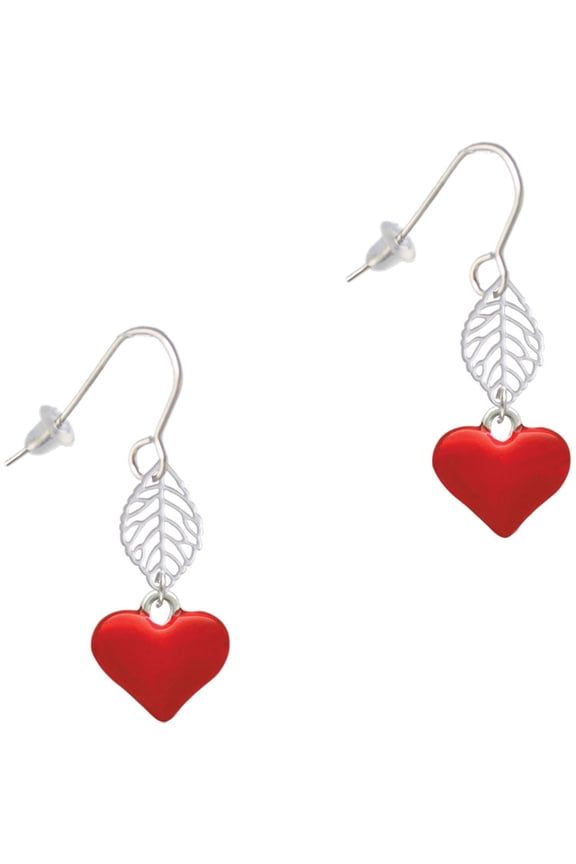 Silvertone 3-D Translucent Red Puff Heart Silvertone Leaf French Earrings