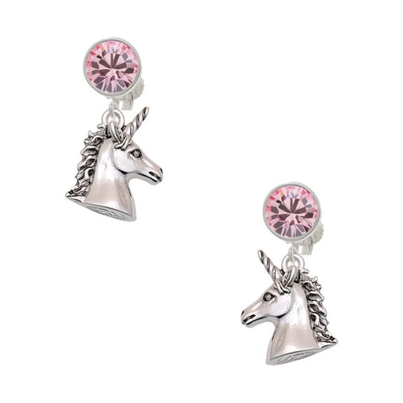 Delight Jewelry Silvertone 3-D Unicorn Head - Pink Crystal Clip on Earrings