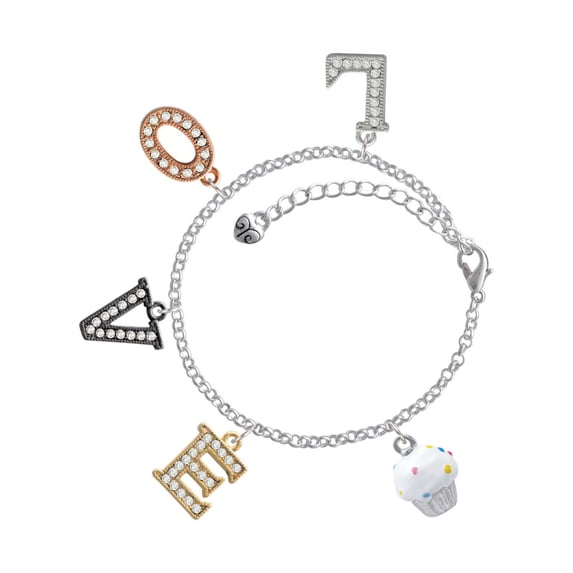 Delight Jewelry Silvertone 3-D White Cupcake with Sprinkles Multi-Colored Crystal Love Charm Bracelet