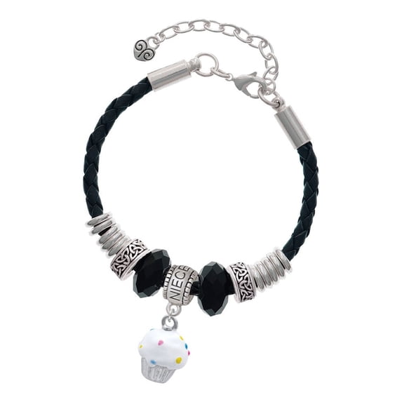 Delight Jewelry Silvertone 3-D White Cupcake with Sprinkles Niece Celtic Knot Leather Bead Bracelet, 7"+2" Extender