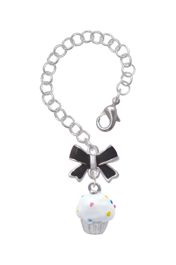 Silvertone 3-D White Cupcake with Sprinkles - Silvertone Black Bow Charm Accessory for Tumblers and Thermal Cups