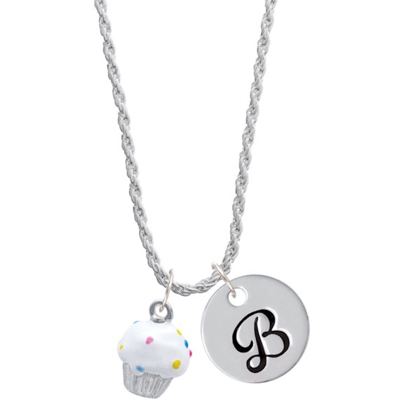 Delight Jewelry Silvertone 3-D White Cupcake with Sprinkles Silvertone Script Initial Disc - B - Charm Necklace, 20"+3"
