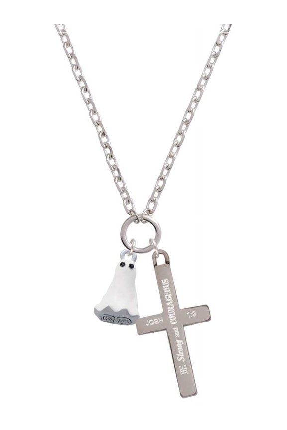Silvertone 3-D White Ghost with Black Crystals Be Strong and Courageous Engraved Cross Zoey Necklace, 28"