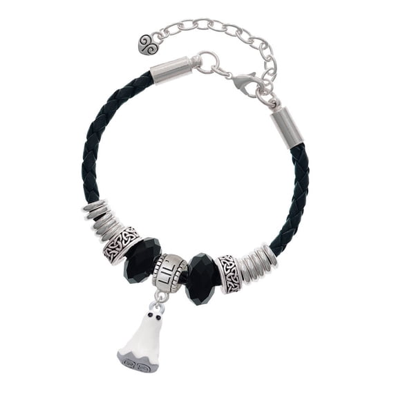 Delight Jewelry Silvertone 3-D White Ghost with Black Crystals Sister Celtic Knot Leather Bead Bracelet, 7"+2" Extender