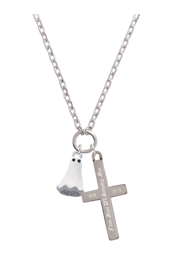 Silvertone 3-D White Ghost with Black Crystals Everlasting Love Engraved Cross Zoey Necklace, 28"