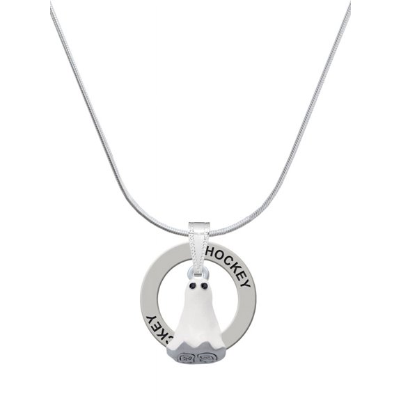 Delight Jewelry Silvertone 3-D White Ghost with Black Crystals Hockey Ring Charm Necklace, 18"