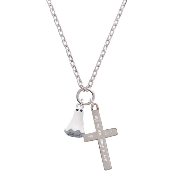 Delight Jewelry Silvertone 3-D White Ghost with Black Crystals I Have Plans for You Engraved Cross Zoey Necklace, 28"