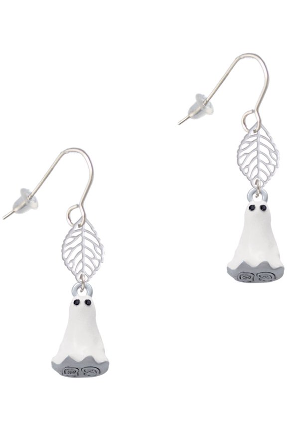 Silvertone 3-D White Ghost with Black Crystals Silvertone Leaf French Earrings