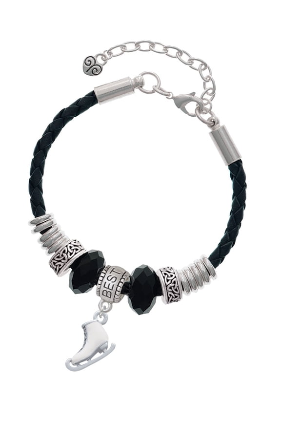 Silvertone 3-D White Ice Skate Best Friend Celtic Knot Leather Bead Bracelet, 7"+2" Extender