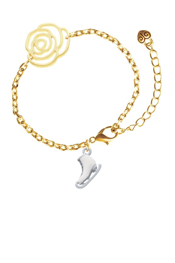 Silvertone 3-D White Ice Skate Gold-tone Flower Link Chain Bracelet, 6.75"+2" Extender