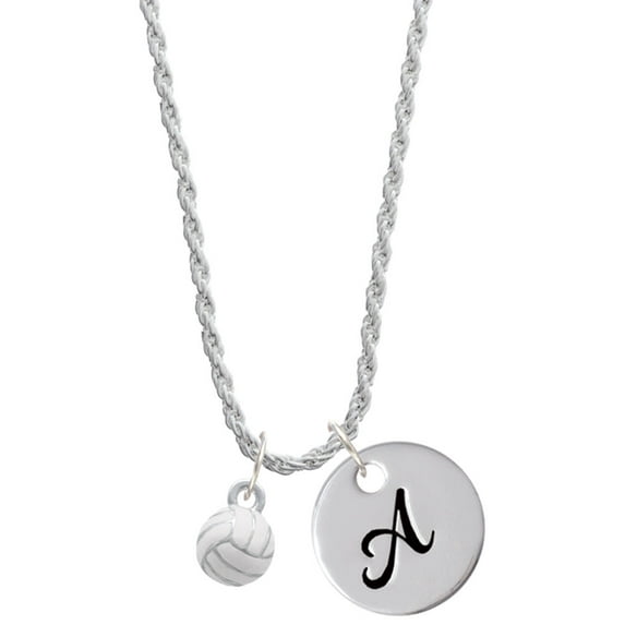 Delight Jewelry Silvertone 3-D White Volleyball Silvertone Script Initial Disc - A - Charm Necklace, 20"+3"