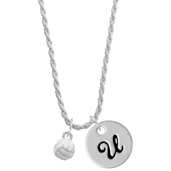 Delight Jewelry Silvertone 3-D White Volleyball Silvertone Script Initial Disc - U - Charm Necklace, 20"+3"