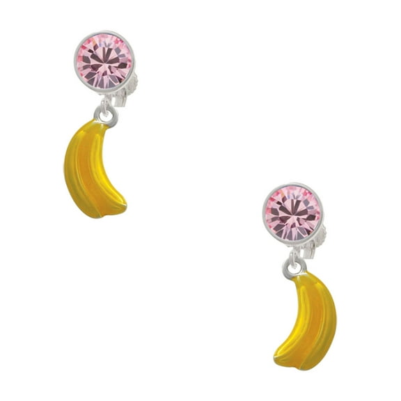 Delight Jewelry Silvertone 3-D Yellow Enamel Bananas Pink Crystal Clip on Earrings