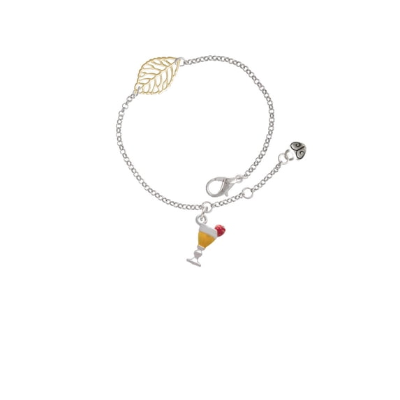 Delight Jewelry Silvertone 3-D Yellow Tropical Drink - Goldtone Leaf Delicate Bracelet, 6.25+1.75"