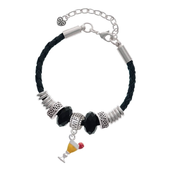 Delight Jewelry Silvertone 3-D Yellow Tropical Drink Wife Celtic Knot Leather Bead Bracelet, 7"+2" Extender