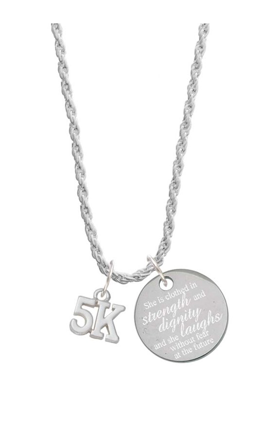 Silvertone 5K She is Clothed in Stength and Dignity Charm Necklace, 20"+3"