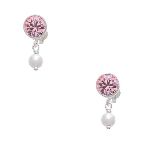 Delight Jewelry Silvertone 6mm Glass Imitation Pearl Bead Drop Pink Crystal Clip on Earrings